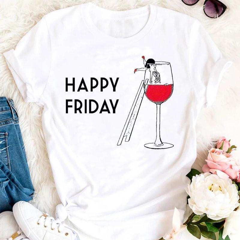 Womens Fashion Wine Glass Print Trendy Womens Base Layer Halfsleeved Womens Wear Shortsleeved Women Tshirt for Summer