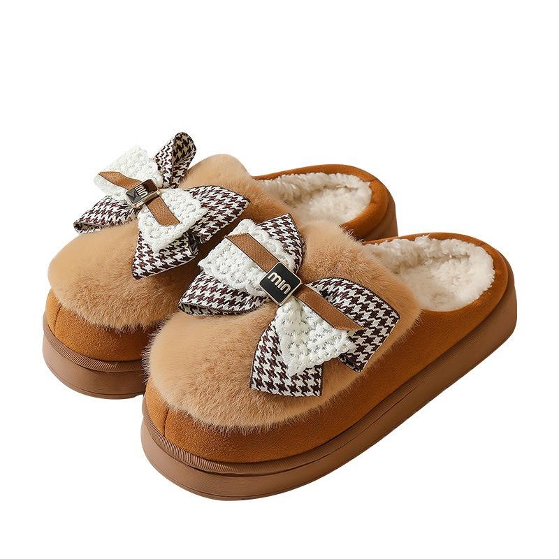 Bow Cotton Slippers Women's Winter Indoor Home Thick Bottom Warm Cute Plush Household Cotton Mop