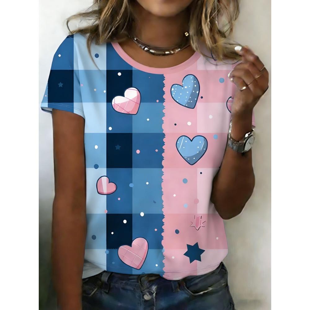 Heart-patterned Strawberry 3D Print Women's Round Neck Short-sleeved T-shirt, Loose Fit Top, Women's Clothing