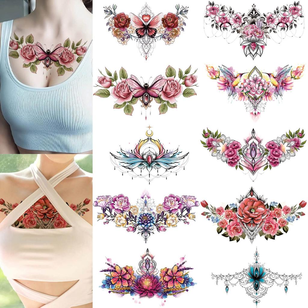 10 Sheets Vivid Chest Temporary Tattoos For Women Girls Large Adult Temporary Tattoos Rose Flower Jewel Fake Tattoos