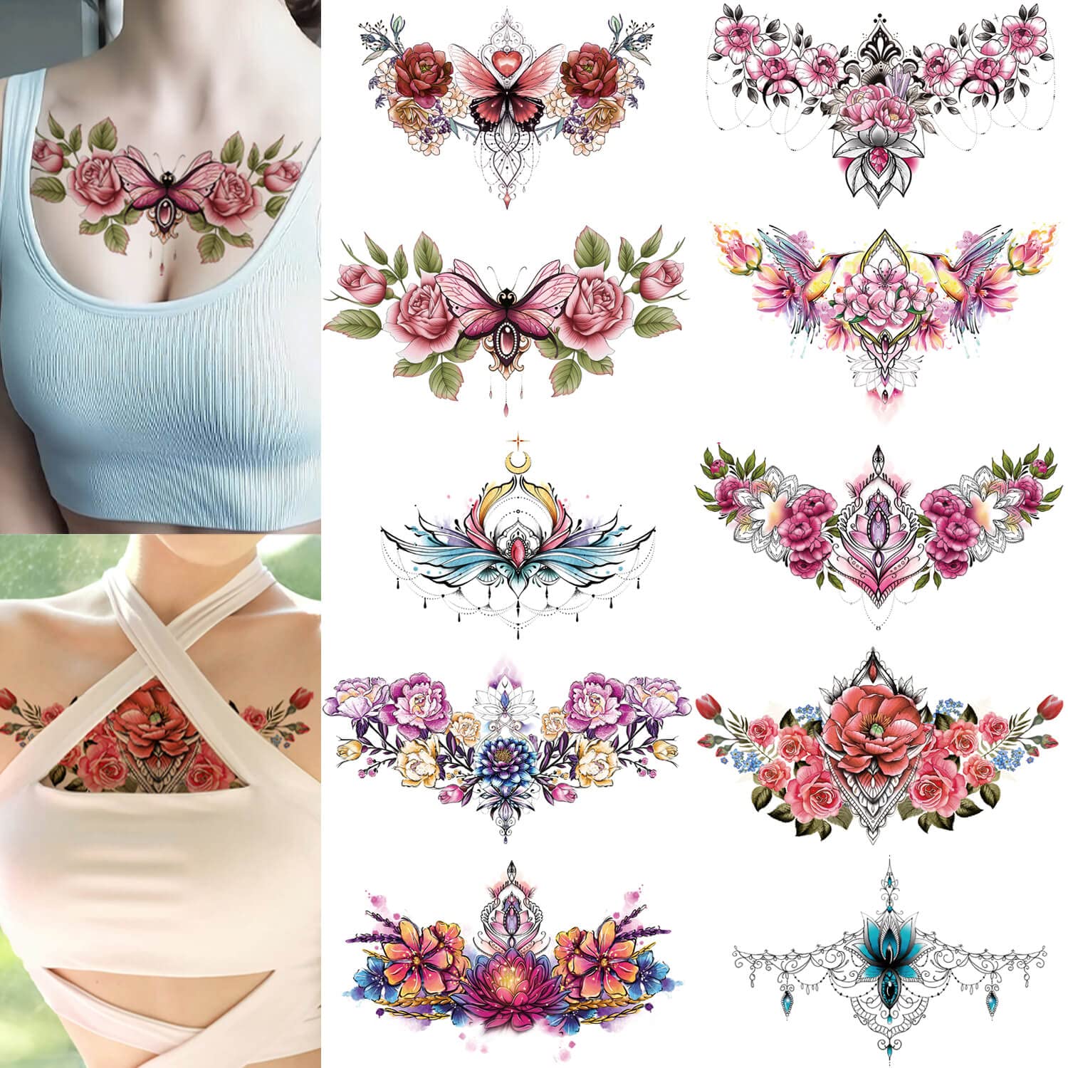 

10 Sheets Vivid Chest Temporary Tattoos For Women Girls Large Adult Temporary Tattoos Rose Flower Jewel Fake Tattoos