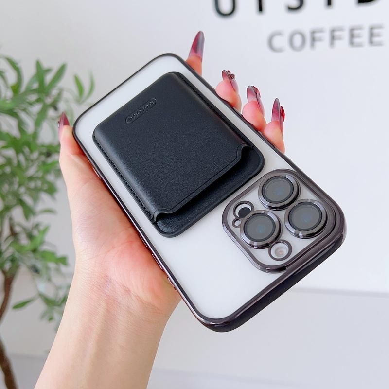 With Leather Card Slot Clear Magnetic Case For iPhone 16E 16 Pro Max 15 14 13 12 11 Lens Film Protection TPU Soft Shockproof for Magsafe Phone Cover