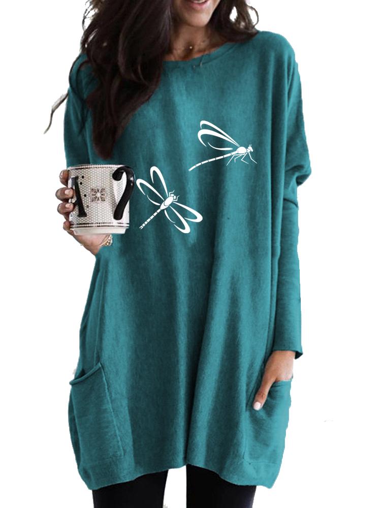 Women's Long Tunic with Pockets Loose Fit Printed Logn Sleeve Top