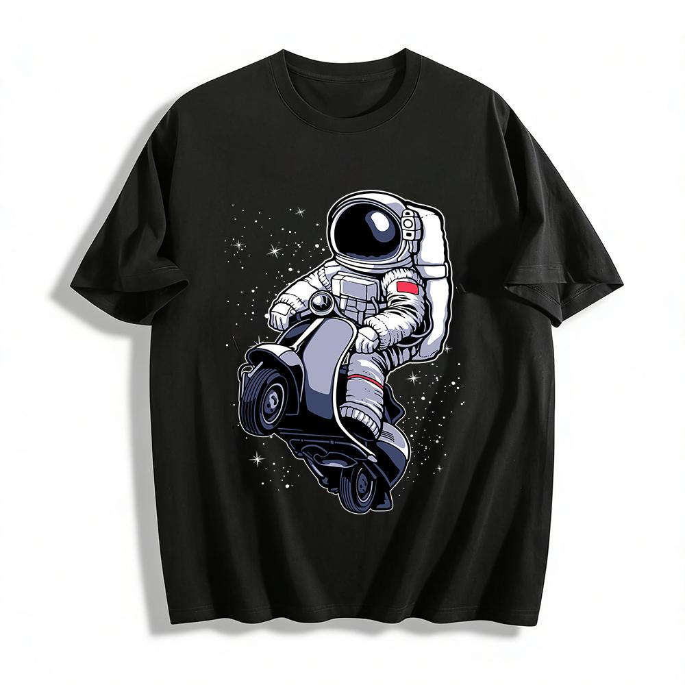 Trendy Astronaut Riding Scooter Print Unisex Casual T-Shirt Pure cotton T-shirt XXS