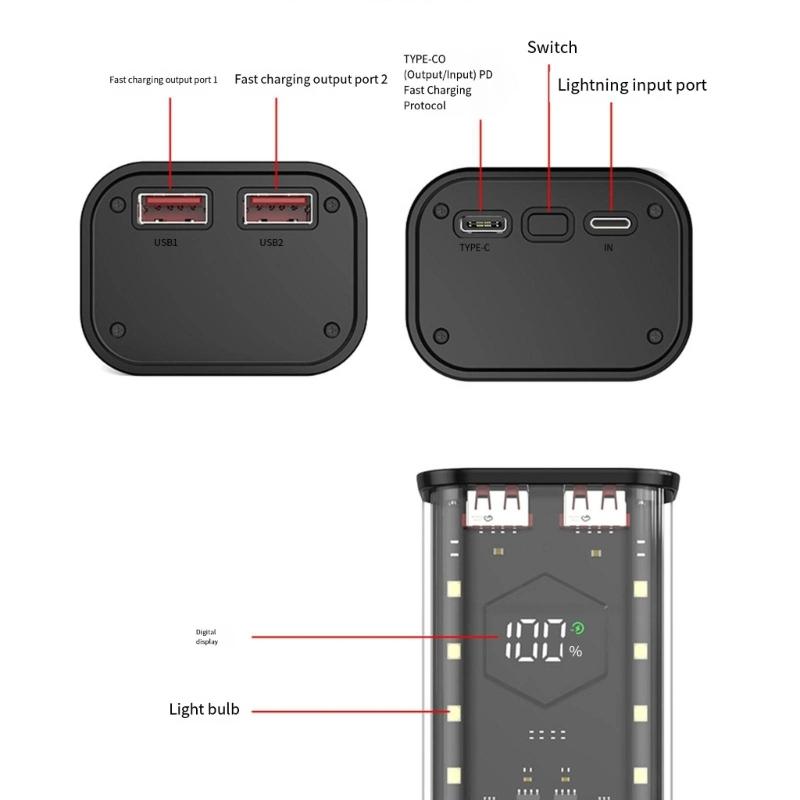 Cutie de stocare baterii 21700 cu 4 sloturi fără lipit, port de încărcare super rapidă, carcasă portabilă PowerBank DIY cu protecții sigure