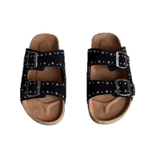 Soft Leather Version! Retro Platform Slippers Women's Outer Wear Fashion Rivets One-word Belt Buckle Boken Shoes Fashion Cool Slippers