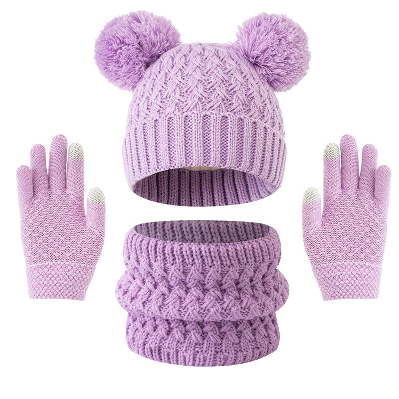 3pc3-12Y Children's Hat, Scarf and Glove Set, Children's Thickened Winter Hat with Snowflake Color Pattern Knitted Cap
