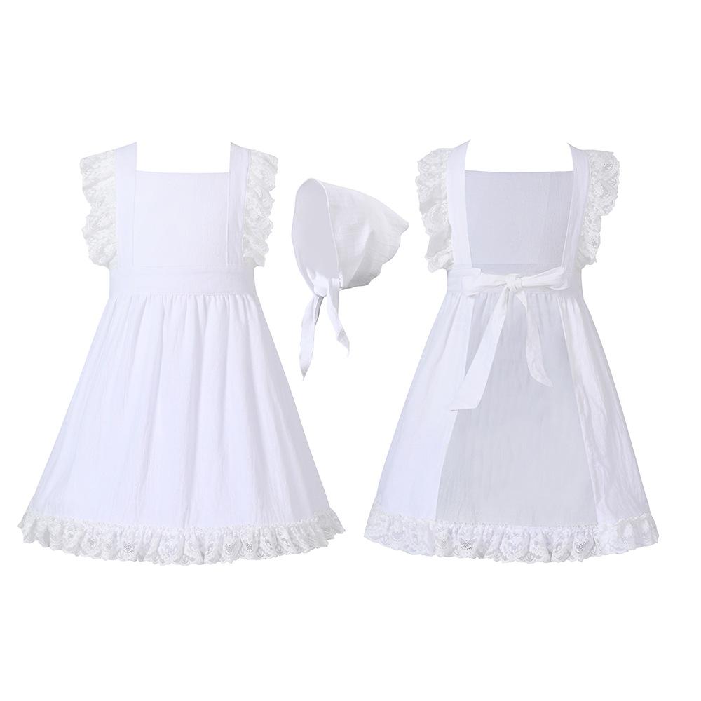 Umorden 4-10 ans Enfants Filles Khaki Blanc Dentelle Volant Tablier Bonnet pour Fille Pèlerine Ferme de Village Pionnier Prairie Servante Costume child (4-10Y) white