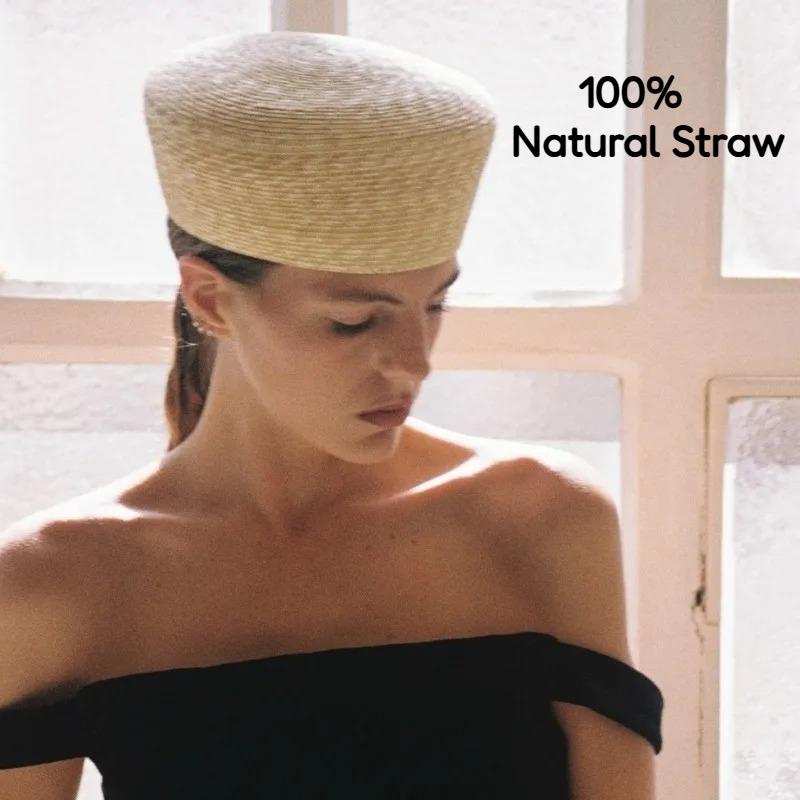Garden Supplies My Women's Ins Luxury 100% Natural Straw Berets French Hand Woven Sun Hat Concave Shape Flat Top Beach Caps Church Derby Pillbox Hat 56-58Cm