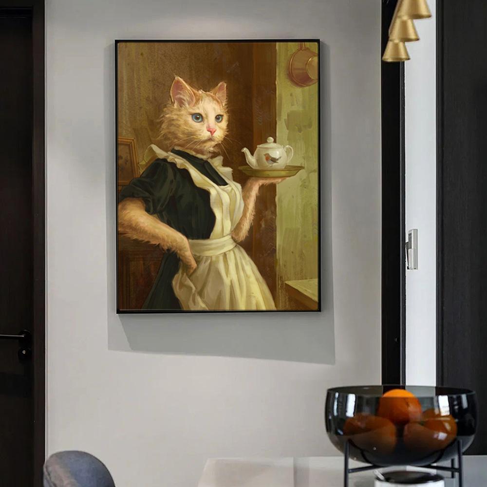 Pussy Maid Cat Personification Posters Wall Art Canvas Prints Retro Funny Animals Paintings for Living Room Home Decor Pictures