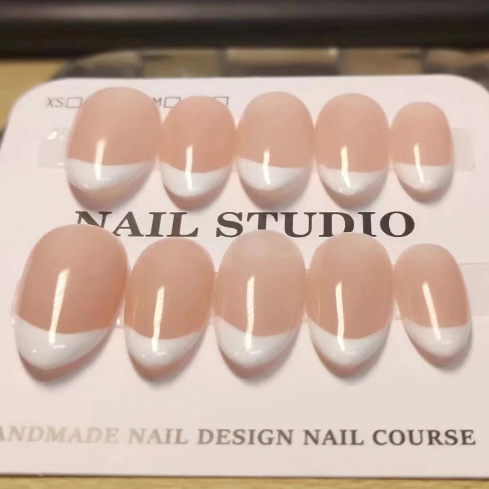 100% HANDMADE Short Almond Shape Nude French Tip Artificial Press On Nails Ultimate Minimalist Fake Nails Set With Glue Reusable And Removable