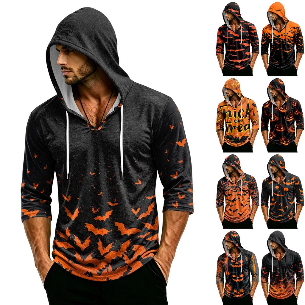 Men's Loose Fit Casual Hoodie Three Quarter Sleeve Pullover Halloween Themed Graphic Print Lightweight Top