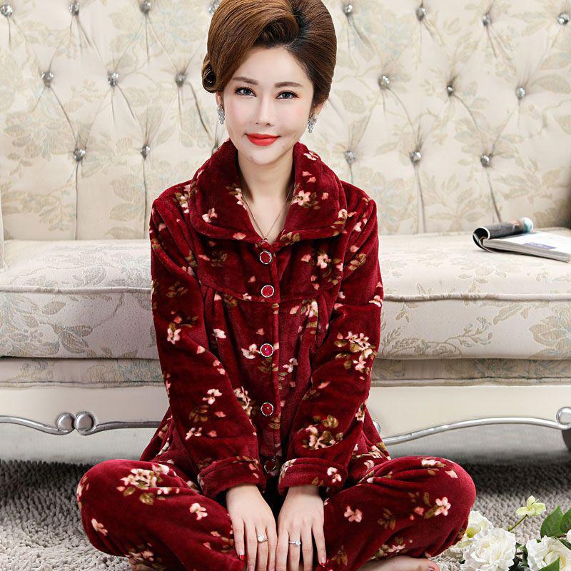 Women's Plus Size Flannel Pajama Set for Autumn & Winter - Warm, Loose-Fit Homewear for Middle-Aged & Elderly Ladies