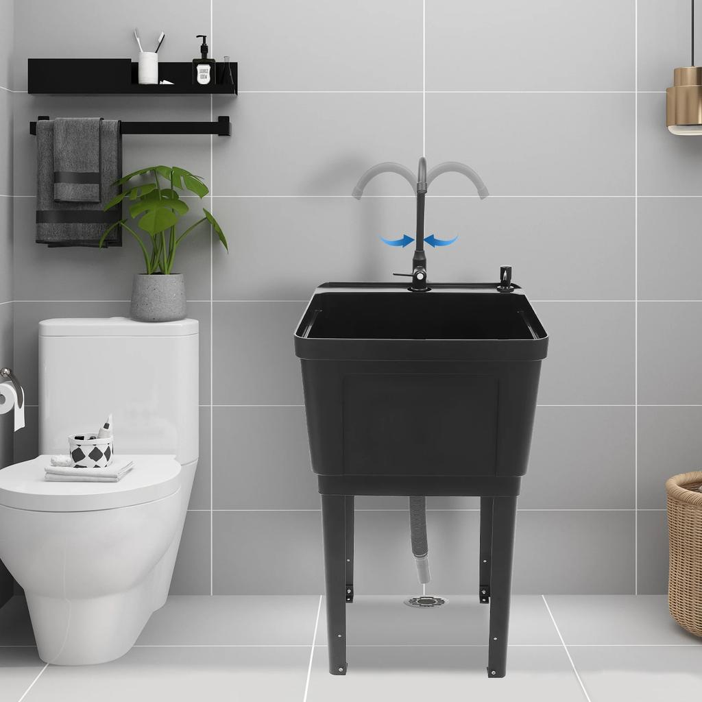 Black Freestanding Laundry Utility Sink with Rotatable 360° Faucet & Soap Dispenser, Modern Rectangular Tub for Laundry Room