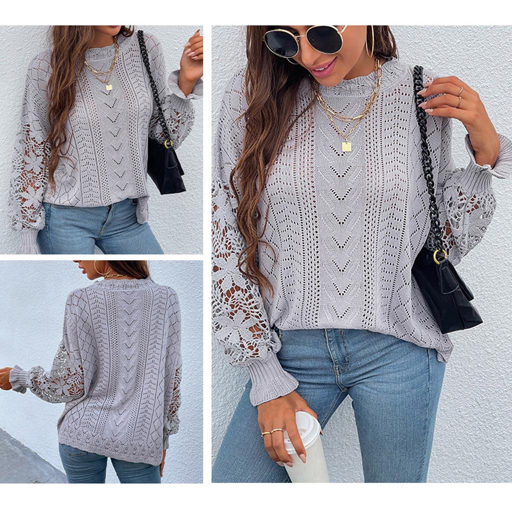 Dámska voľná blúzka sveter s čipkovaným prešívaním Patchwork dutý sveter