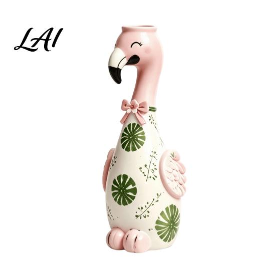 Pink Desk Ornament for Girls Cute Resin Flamingo Decorative Vase Flower Holder Figurine Statues Living Room Tabletop Dried Artificial Flowers,