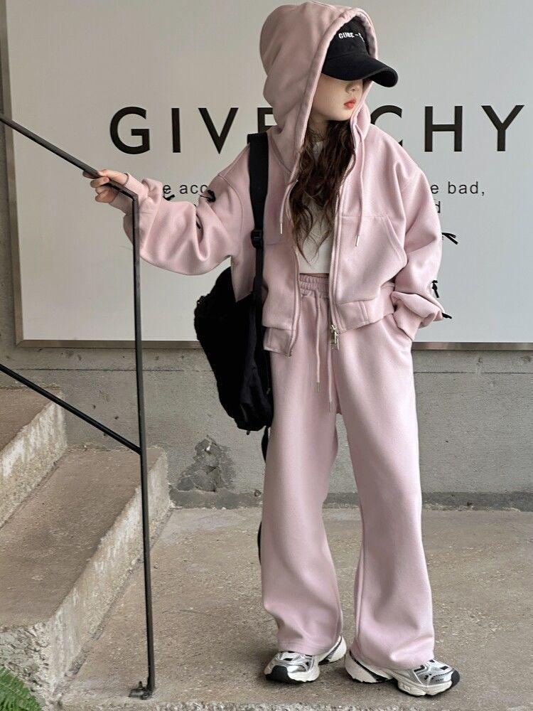 Trendiges koreanisches Schleifenset: Kapuzenjacke & Freizeithose für große Mädchen