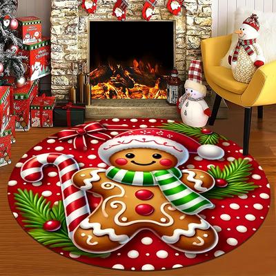 1 Stück runder Teppich mit weihnachtlichem Lebkuchenmuster für den Innenbereich, rutschfest, waschbar, weiche und bequeme Matte für Schlafzimmer und Wohnzimmer