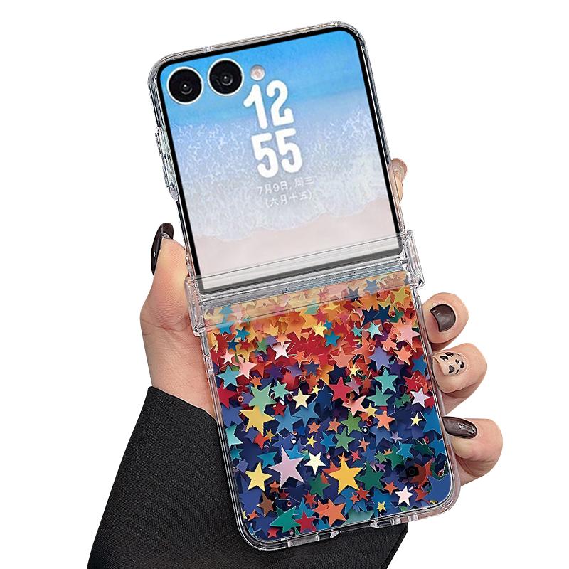 Colorful Stars Print Case For Samsung Z Flip 8 7 FE 6 5 4 Magnetic Clear Hard PC Folding Phone Cover For Galaxy Z Flip8 Flip7 Flip6