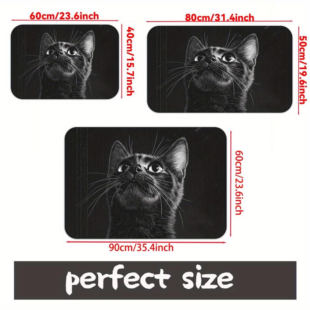 1pc Black Cat HD Printed Non-Slip Door Mat – Microfiber Absorbent, Machine Washable Polyester Rug for Bathroom, Bedroom, Living