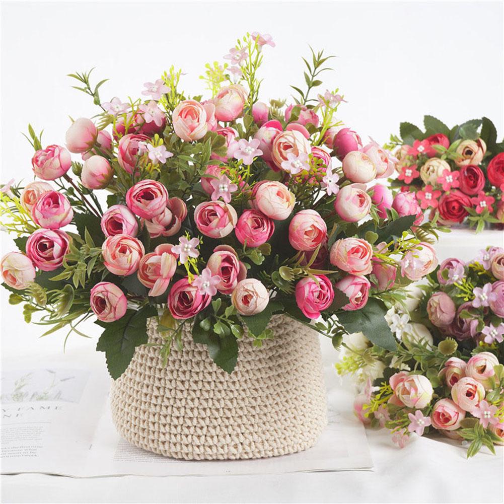 Artificial Camellia 5 Branchs 13 Flowers Realistic Silk Easy Maintenance Faux Flower Decor Dark Pink for Wedding Birthday Party