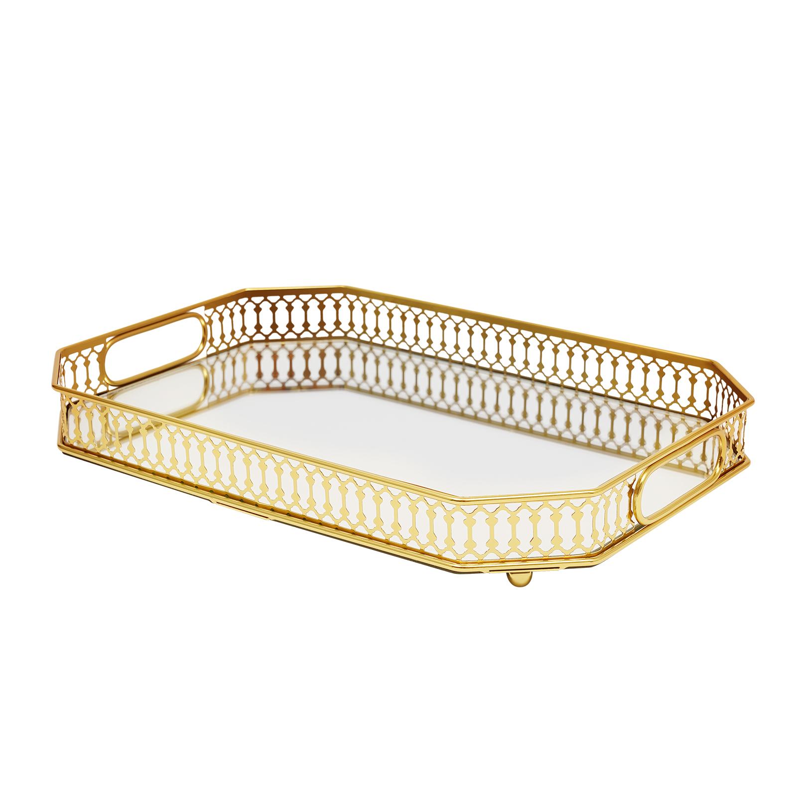 

Gold Decorative Tray,Rectangular Desktop Catch-All,Vanity Dish (2.97 lbs) with Two Hollow-Cut Handles for Cosmetics,Soap золотий