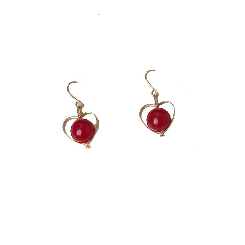 Minimalist Red Agate Heart-Shaped Drop Earrings: European & American Style, Hollow Design for Women