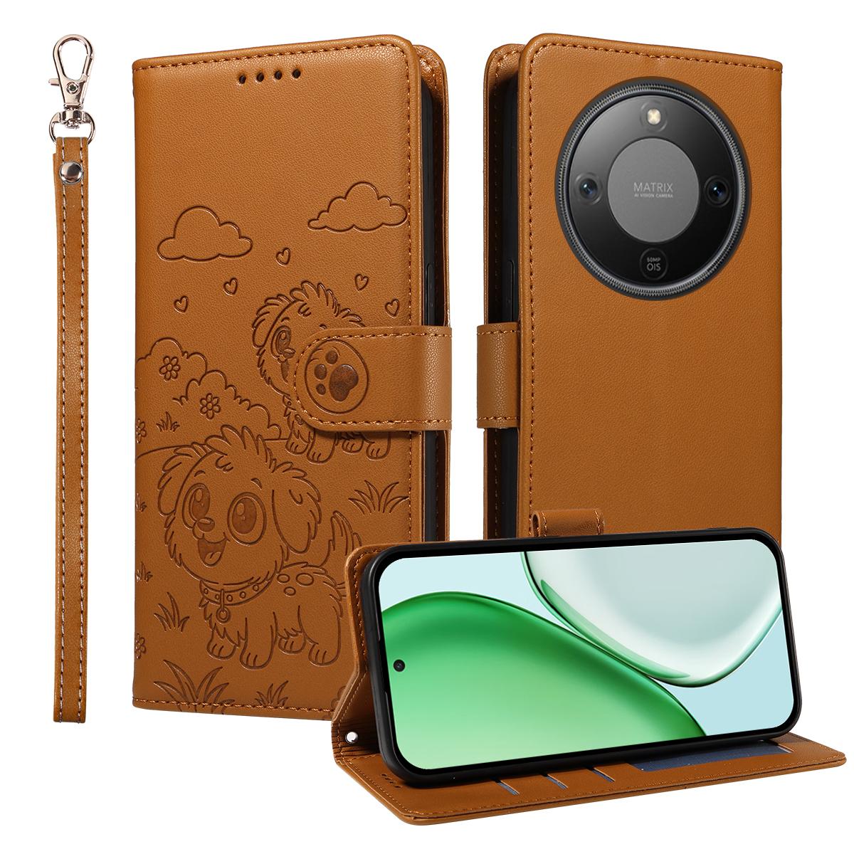 

For Honor X70 5G Case RFID Blocking Imprinted Dog Pattern PU Leather Phone Cover with Wrist Strap Brown