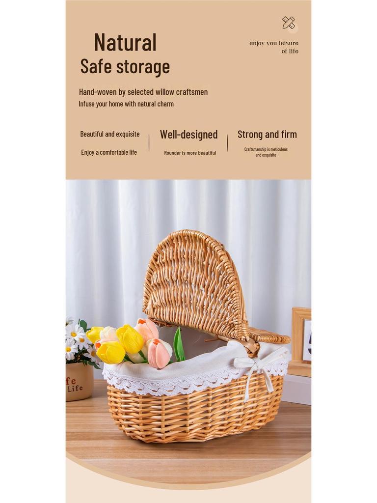 Child-sized Rattan & Willow Woven Basket with Lid - Pastoral Style, Ideal for Gifts & Storage