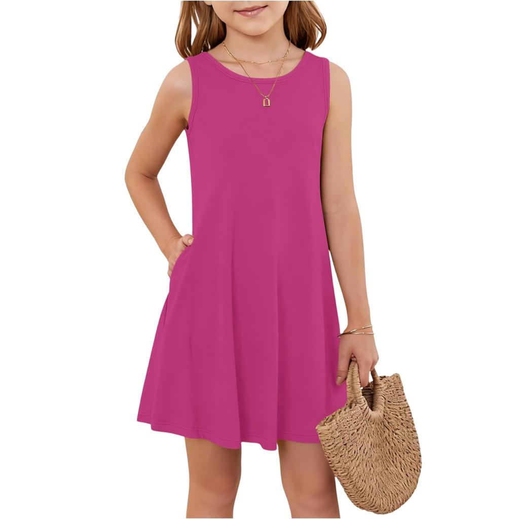 Girl Summer Dress Sleeveless Printed Color Casual Dress With Pocket