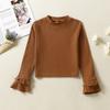 2pcs Girls Rib Knit Flounce Sleeve Stand Collar Tee Plaid Overall Dress