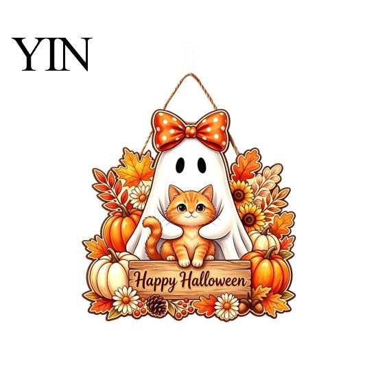 Decorative Wood Board Halloween Wooden Hanging Sign, Happy Door Sign with Gnomes/Ghosts, Retro Ornament for Shop Autumn Harvest Festival Wall