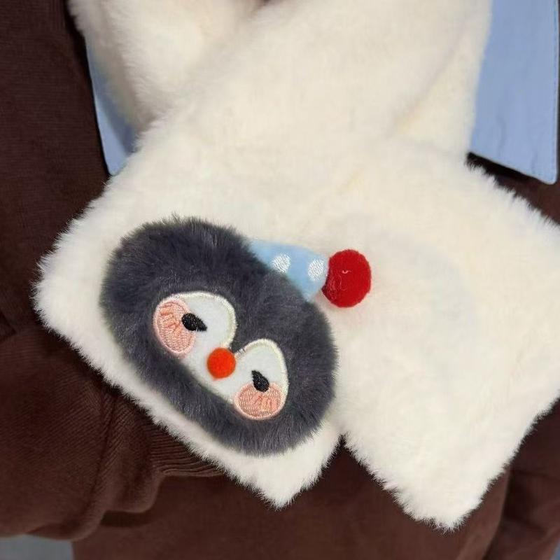 Cute Fish And Penguin Scarf Student Cartoon Seal Cross Furry Scarf Neck-Protecting Kawaii Girls Winter Warm Plush Scarf