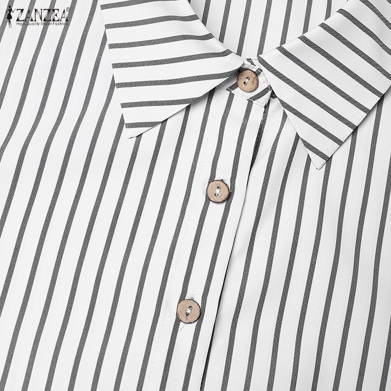 ZANZEA Women Elegant Casual Turn Down Collar Short Sleeve Loose Stripe Dress