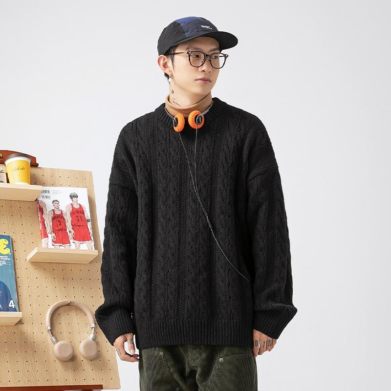 Japanese Style Men's Solid Crew Neck Sweater Autumn Winter Vintage Loose Casual Knitting Shirt