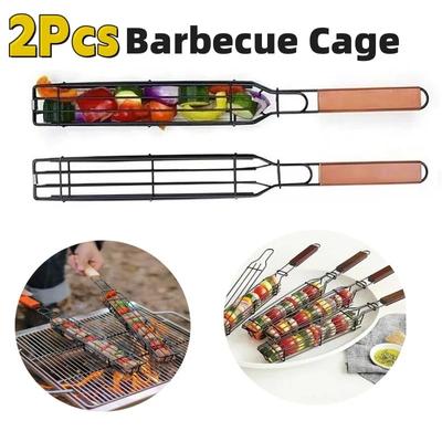 Portable BBQ Grilling Basket Stainless Steel Nonstick Barbecue Grill Basket Wooden Handle Grill Mesh Meat Picnic Roasting Tool