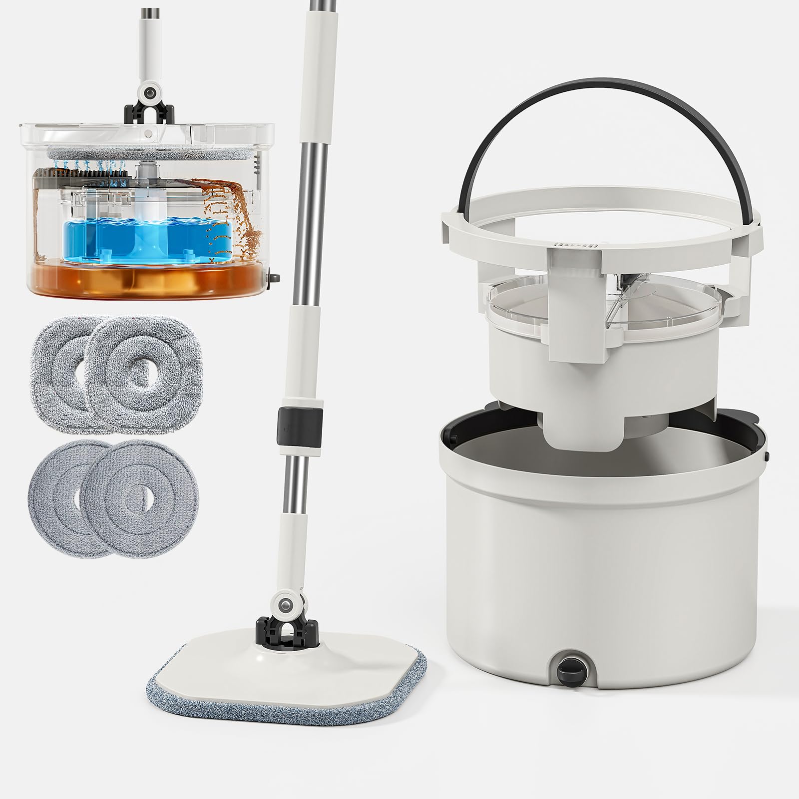 

HoMettler Вращающаяся швабра для разделения грязной воды, экономящая воду, с мягким скребком, регулируемая, 4 круглых и квадратных сменных насадки, безопасная швабра для уборки, белый