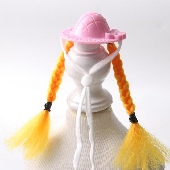 Small Pet Sun Hat Hamster Hat with Double Braids Elastic Strap Adjustable Hat with Wig for Budgies Parrots Roosters Guinea Pigs
