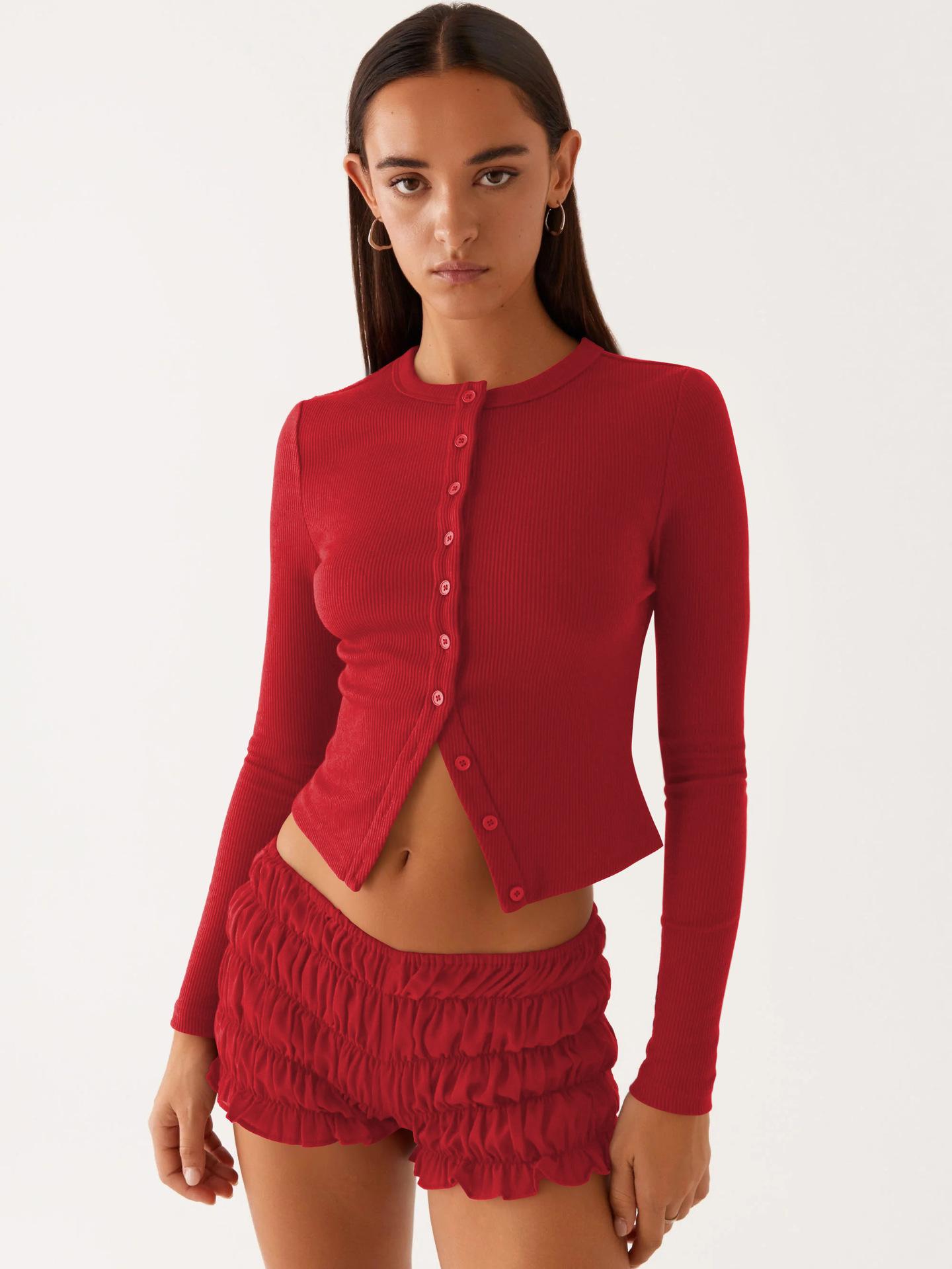 eBay cross-border European and American women s clothing 2025 spring and summer new solid color slim-fit high-end long button-up cardigan top S красный