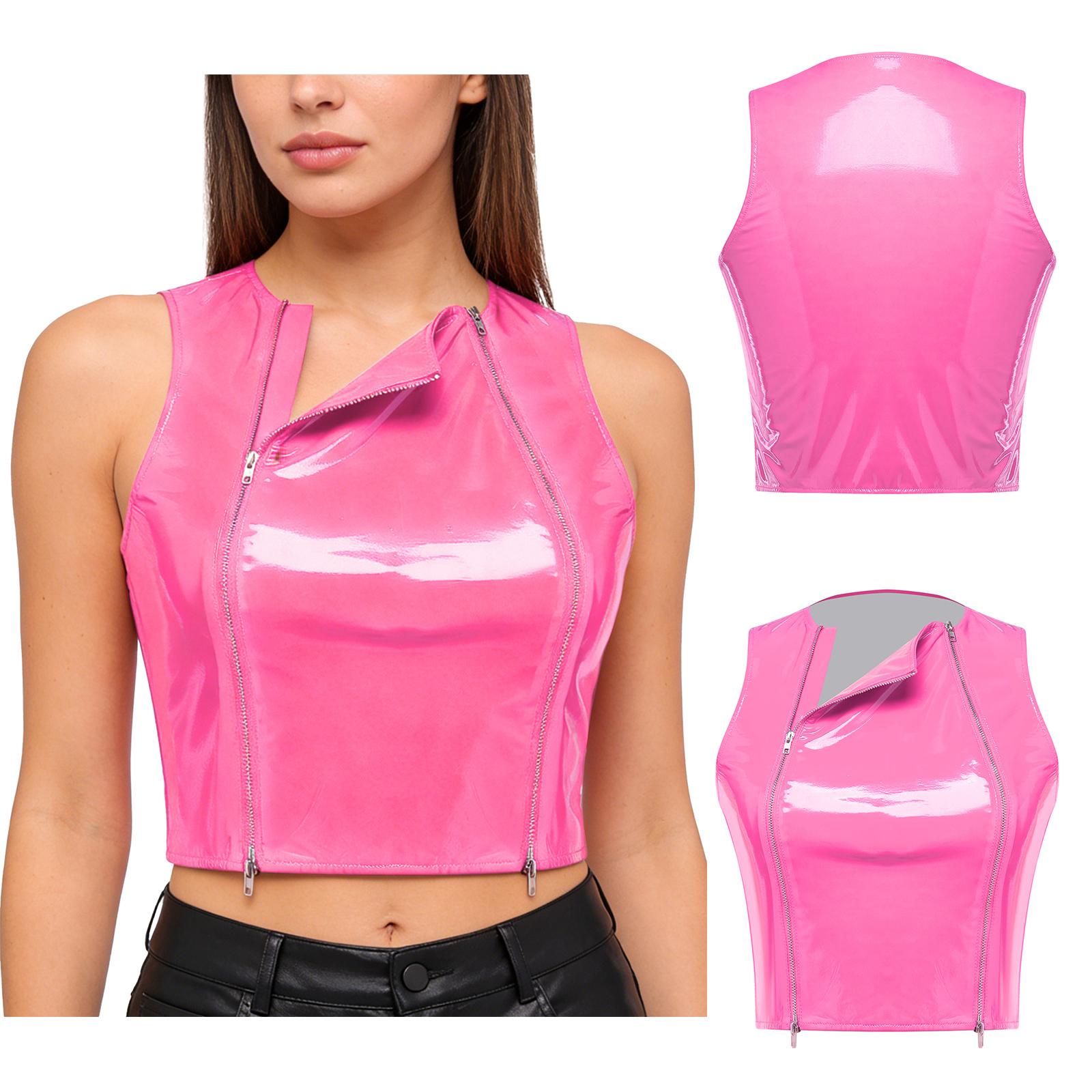 

S-3XL Women’s Shiny PU Leather Crop Vest Front Two Zippers Sleeveless Slim Fit Top for Nightclub Rave Dance Party S рожевий