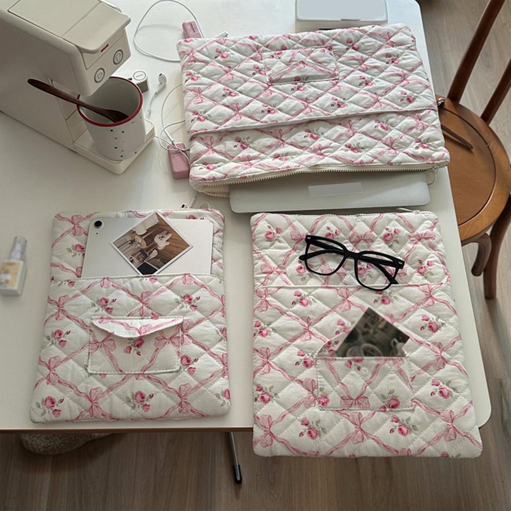 Flower Printed Computer Sleeve Bag Puffy Laptop Carrying Case Tablet Protective Cover Cute Clutch Purse for 11-15 Inch Laptop