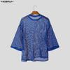 INCERUN Men Round Neck Long Sleeve Hollow Out Tops Mesh Sheer Shirts