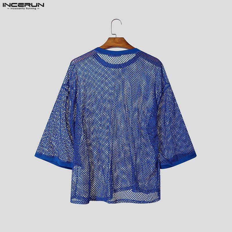 INCERUN Men Round Neck Long Sleeve Hollow Out Tops Mesh Sheer Shirts
