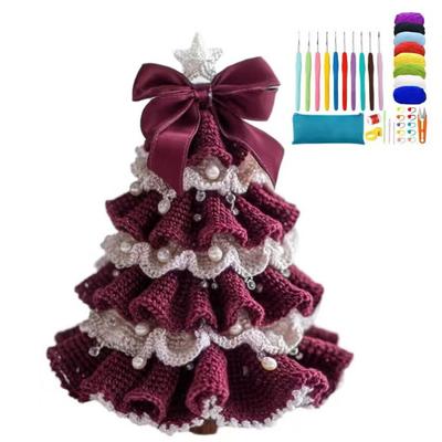 DIY Crochet Christmas Tree Kit with Bow Faux Pearl Decor Holiday Craft Starter Set Handmade Crochet Christmas Tree Home Decor