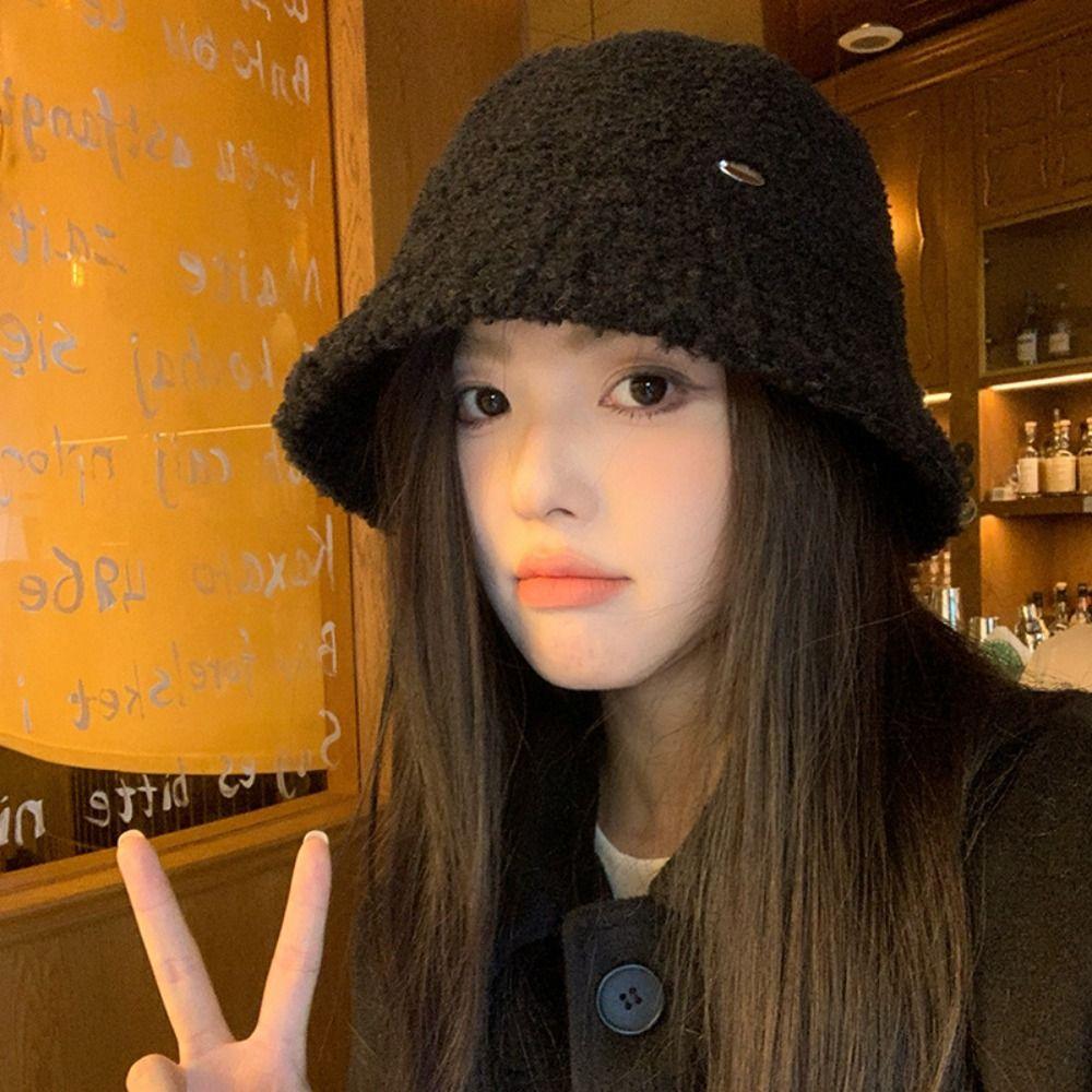 Keep Warm Women's Bucket Hat Retro Vintage Warm Basin Hat Plush Fisherman Caps  Autumn Winter