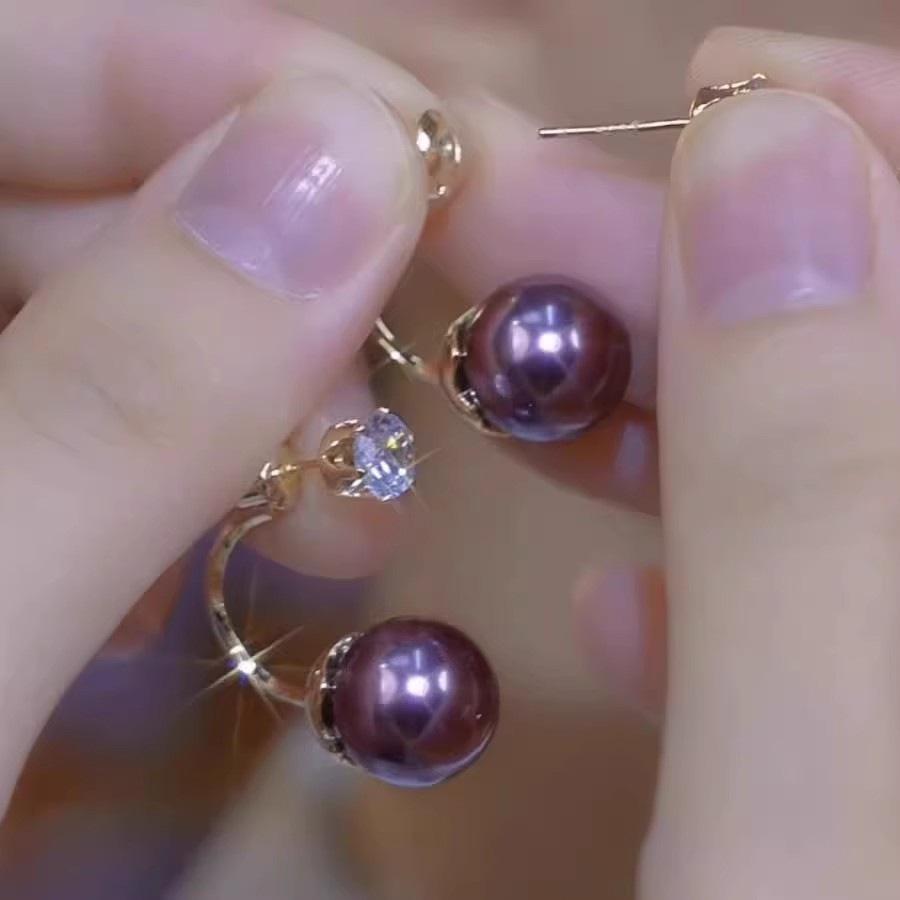 

Fashion high-end purple pearl earrings s front and rear flash diamond stud earrings versatile and extravagant unique earrings фиолетовый
