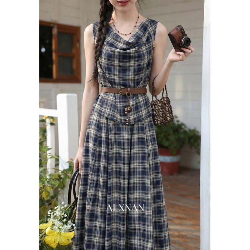 Lu Xiangnan French Retro Blue Plaid Sleeveless Dress