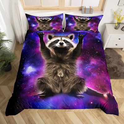 Raccoon Duvet Cover Galaxy Bedding Set Queen,Starry Sky Comforter Cover Set for Child Teen Room,Wild Animal Ferret Quilt Cover