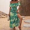 Women Summer Casual One Shoulder Sleeveless Flower Print Dress High Waist A-Line Belt Slit Ankle-Length Collar Dresses Spring