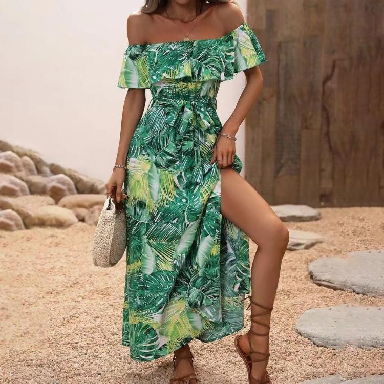 Women Summer Casual One Shoulder Sleeveless Flower Print Dress High Waist A-Line Belt Slit Ankle-Length Collar Dresses Spring